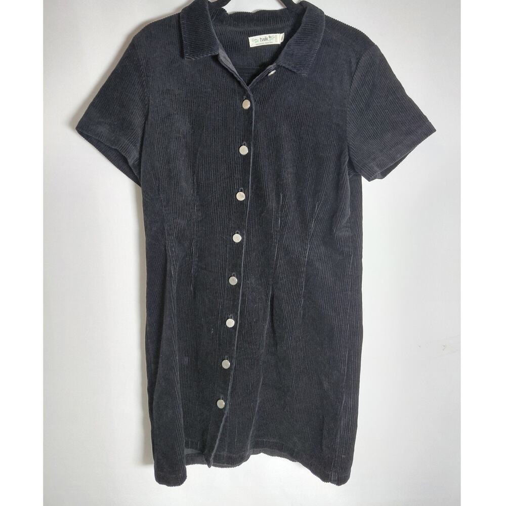 twik Organic Cotton Button-Up Dress Black Solid Knit Knee Length Women Size L